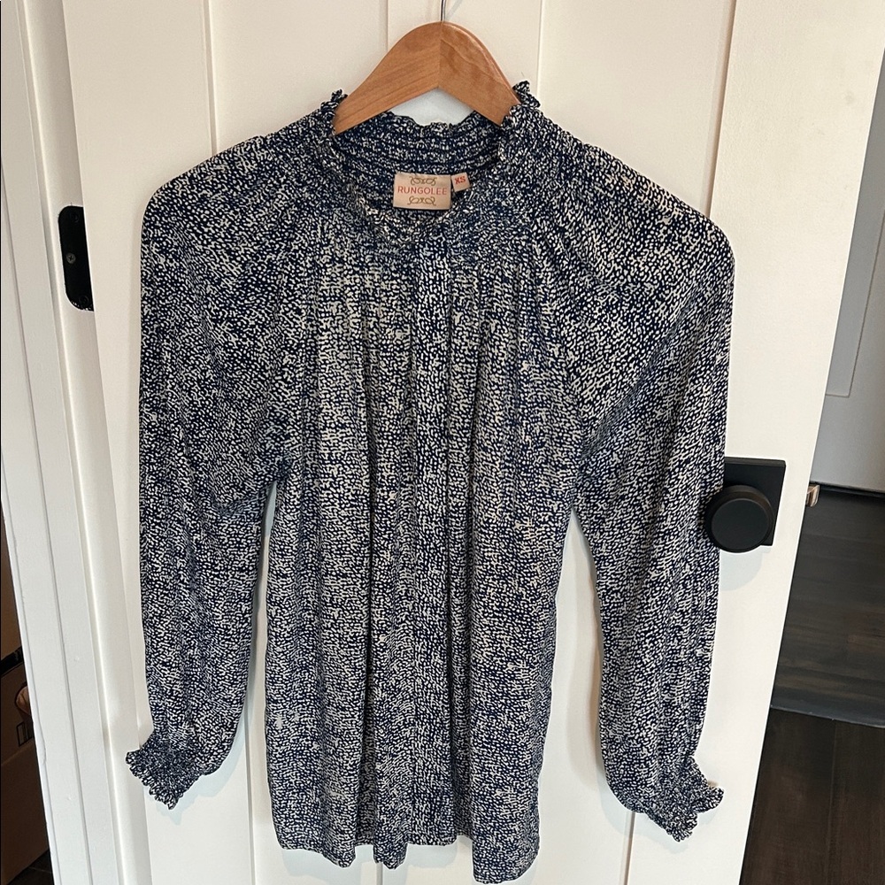 Rungolee Blue and White Washable Silk Patterned Blouse